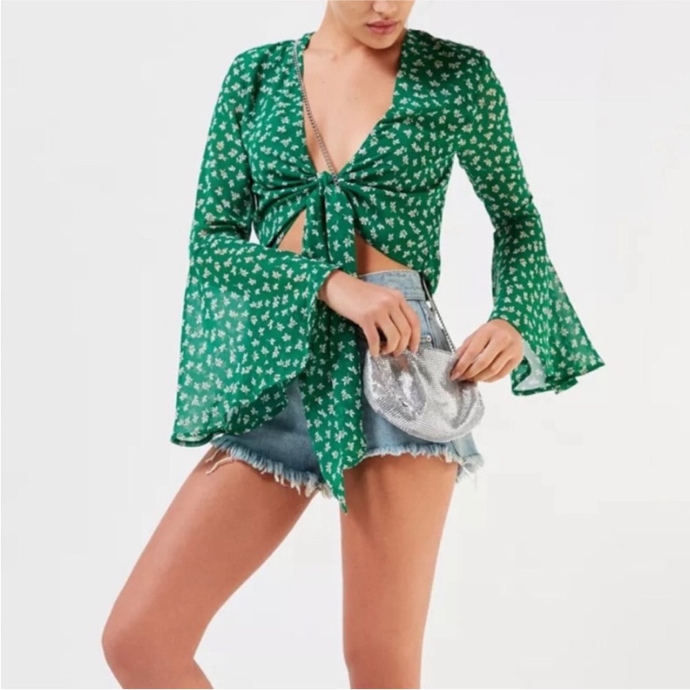 Urban Outfitters Green Floral Wrap Blouse y2k sheer bell sleeves cropped